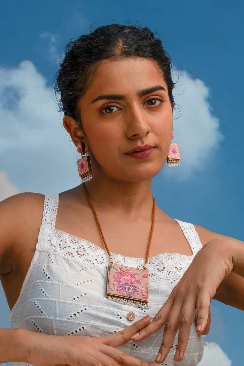 WHE Floral Pink Square Repurposed Fabric And Wood Earrings - Image 2