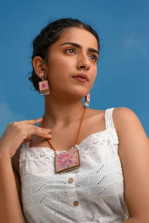 WHE Floral Pink Square Repurposed Fabric And Wood Earrings - Image 7