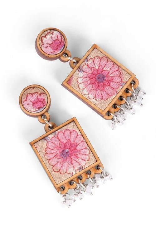 WHE Floral Pink Square Repurposed Fabric And Wood Earrings - Image 8