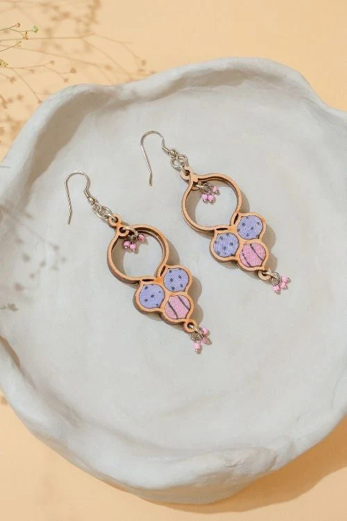 WHE Floral Purple Repurposed Fabric And Wood Round Danglers - Image 6