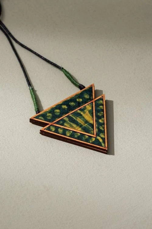 Whe Green Batik Triangular Adjustable Pendant Made Of Repurposed Fabric And Wood