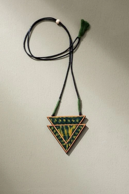 Whe Green Batik Triangular Adjustable Pendant Made Of Repurposed Fabric And Wood - Image 2