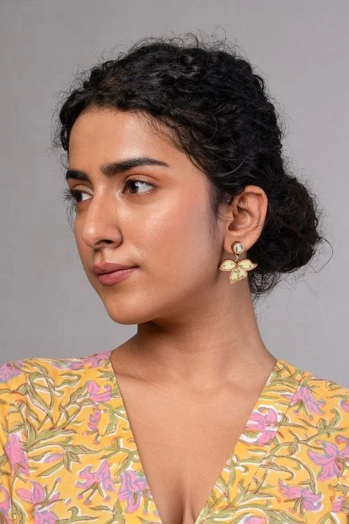 WHE Green Bloom Repurposed Fabric And Wood Leaf Earrings