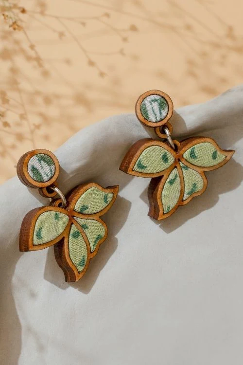 WHE Green Bloom Repurposed Fabric And Wood Leaf Earrings - Image 2