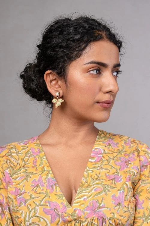 WHE Green Bloom Repurposed Fabric And Wood Leaf Earrings - Image 3