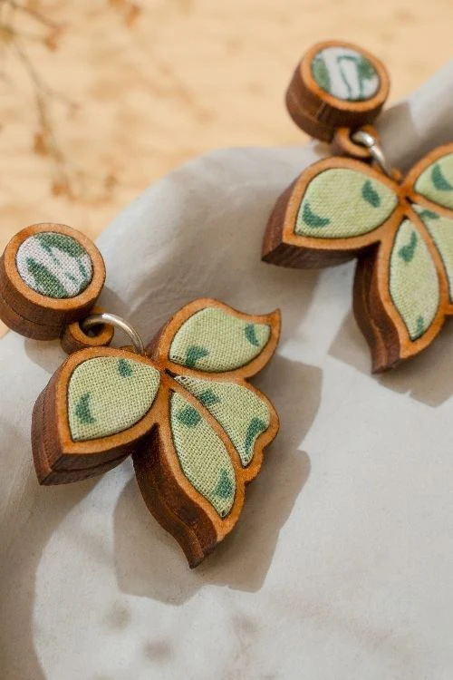WHE Green Bloom Repurposed Fabric And Wood Leaf Earrings - Image 4