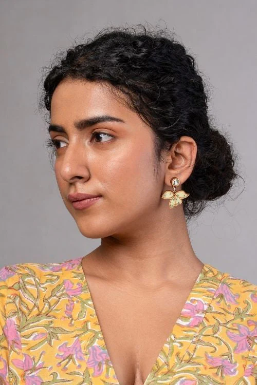 WHE Green Bloom Repurposed Fabric And Wood Leaf Earrings - Image 5