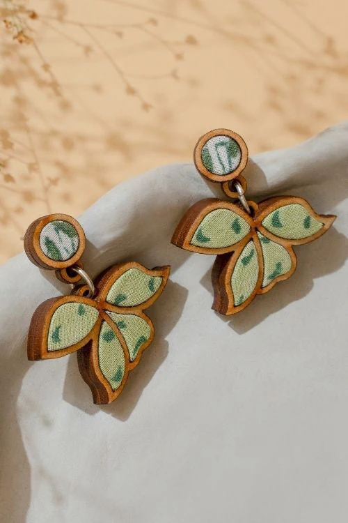 WHE Green Bloom Repurposed Fabric And Wood Leaf Earrings - Image 6