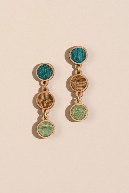 Whe Green Brown Upcycled Fabric And Repurposed Wood Round Earring