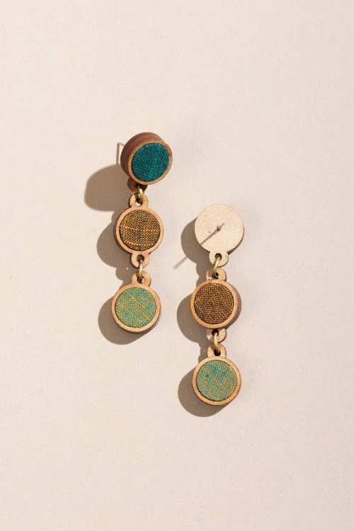 Whe Green Brown Upcycled Fabric And Repurposed Wood Round Earring - Image 4