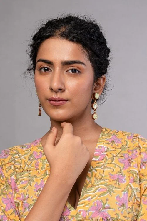 WHE Green Repurposed Fabric And Wood Connecting Round Earrings