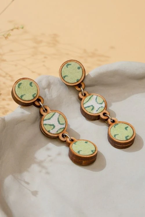 WHE Green Repurposed Fabric And Wood Connecting Round Earrings - Image 2