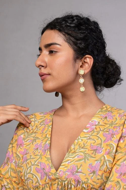 WHE Green Repurposed Fabric And Wood Connecting Round Earrings - Image 3