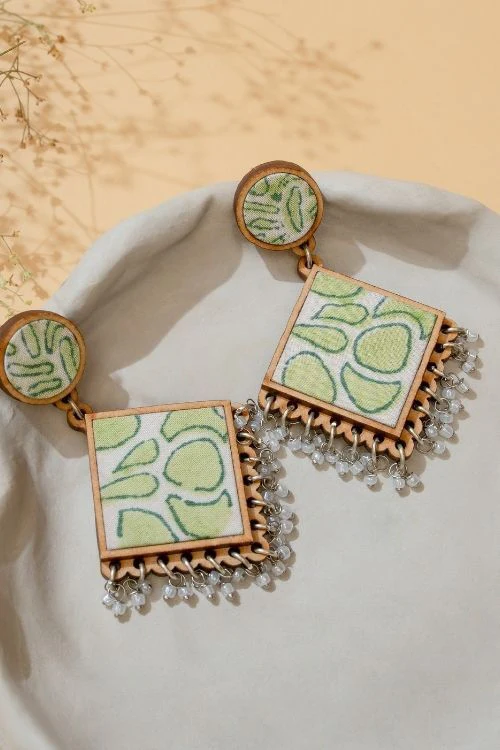 WHE Green Repurposed Fabric And Wood Diamond Earrings - Image 2