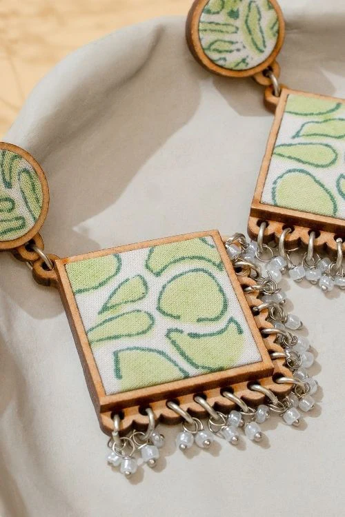 WHE Green Repurposed Fabric And Wood Diamond Earrings - Image 4