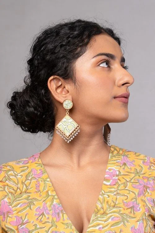 WHE Green Repurposed Fabric And Wood Diamond Earrings - Image 7