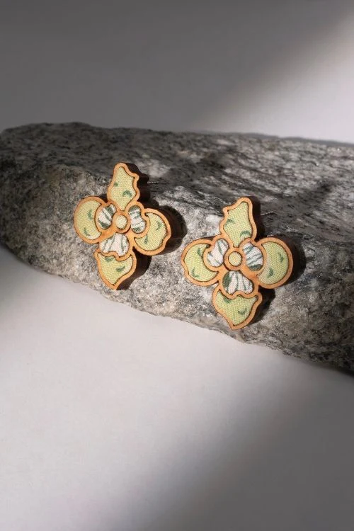 WHE Green Repurposed Fabric And Wood Flower Stud