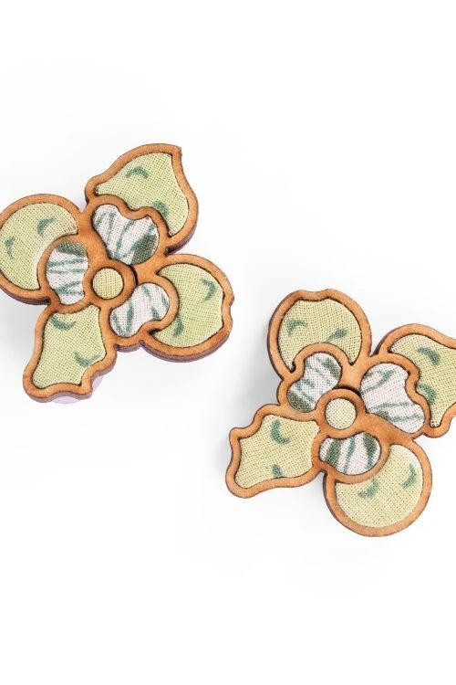 WHE Green Repurposed Fabric And Wood Flower Stud - Image 4