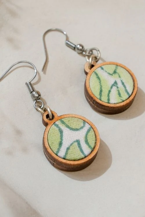 WHE Green Repurposed Fabric And Wood Round Danglers - Image 4