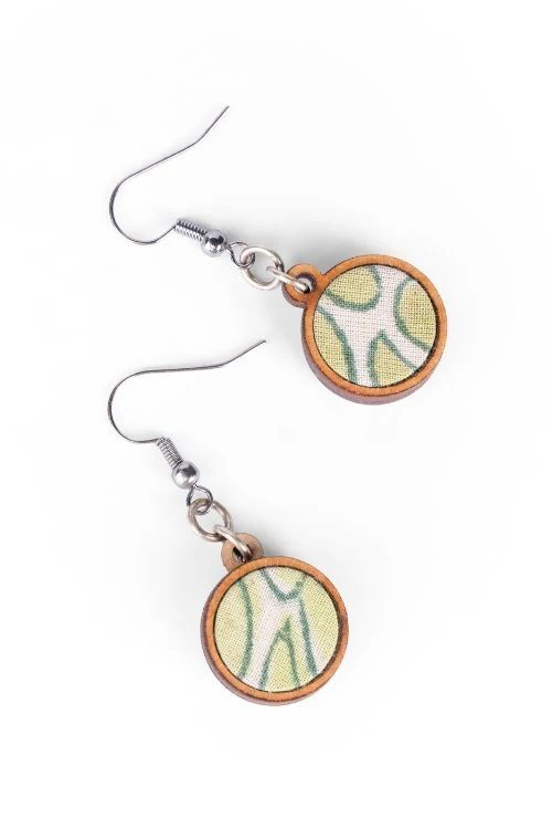 WHE Green Repurposed Fabric And Wood Round Danglers - Image 5