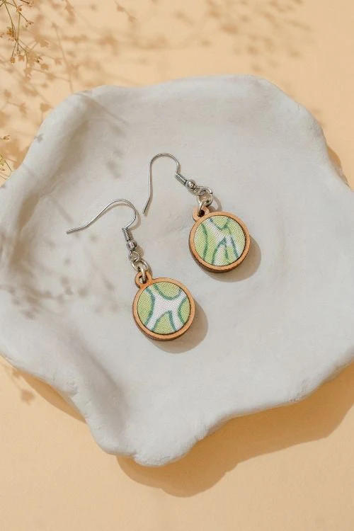 WHE Green Repurposed Fabric And Wood Round Danglers - Image 7
