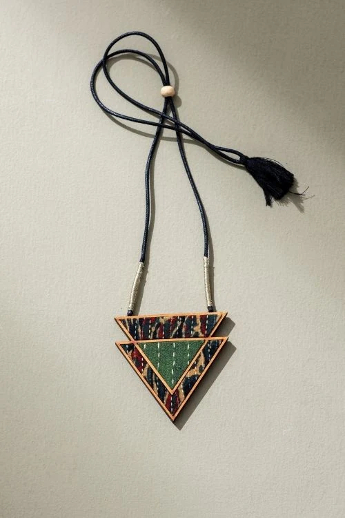 Whe Green Upcycled Fabric And Repurposed Wood Triangular Necklace - Image 4