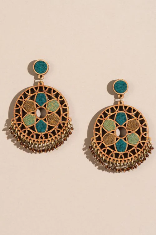 Whe Green Wheel Upcycled Fabric And Repurposed Wood Earrings