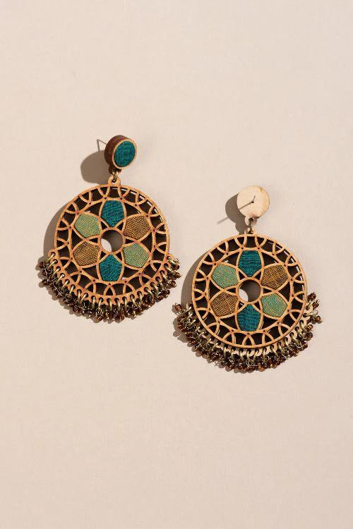 Whe Green Wheel Upcycled Fabric And Repurposed Wood Earrings - Image 4