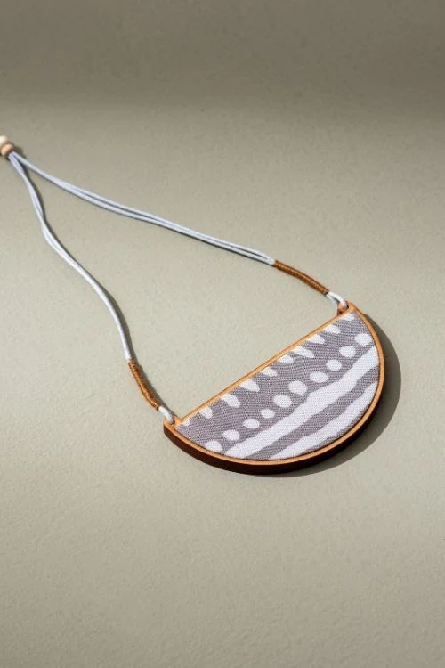 Whe Grey Line Repurposed Fabric And Wood Semi Circle Adjustable Pendant