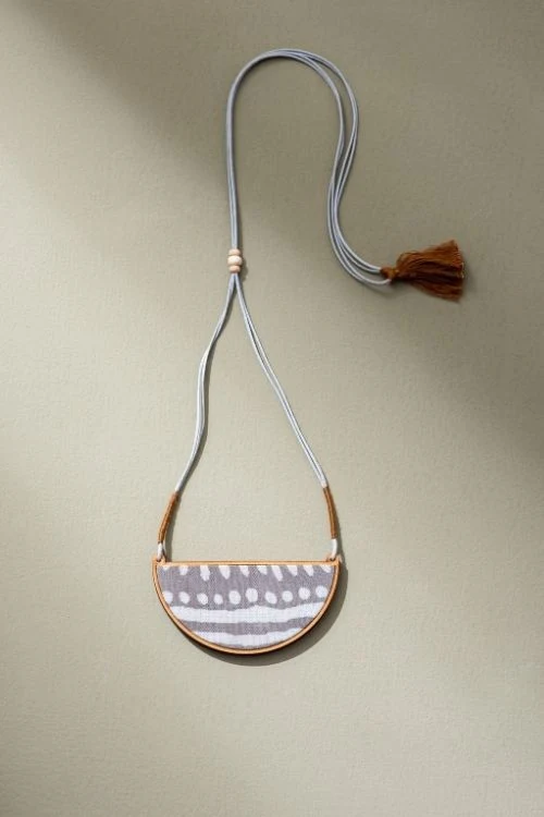 Whe Grey Line Repurposed Fabric And Wood Semi Circle Adjustable Pendant - Image 2