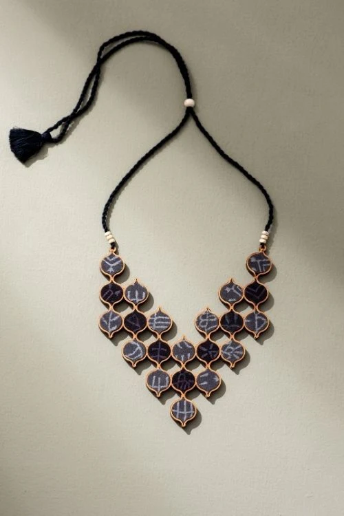Whe Grey Tribal Motives Repurposed Fabric And Wood Statement Necklace With Adjustable Length - Image 2
