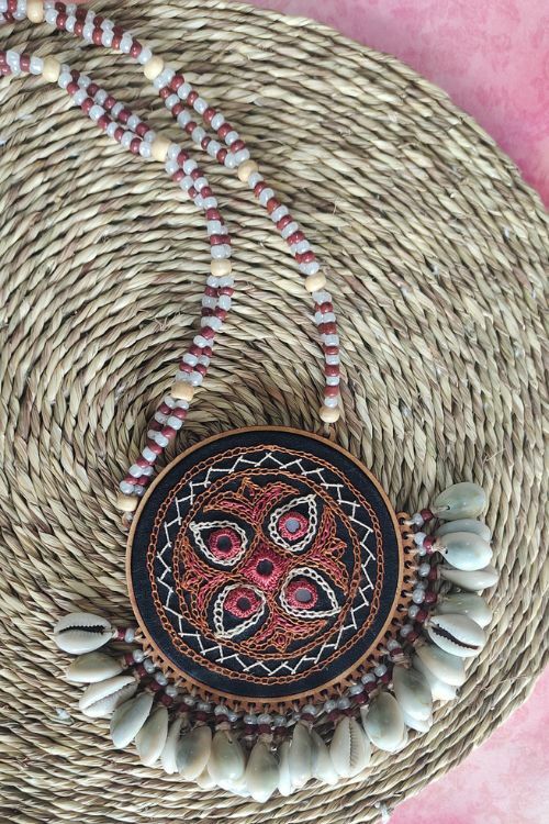 WHE Hand Embroidered Brown Pendant Necklace With Cowry And Beaded String - Image 2