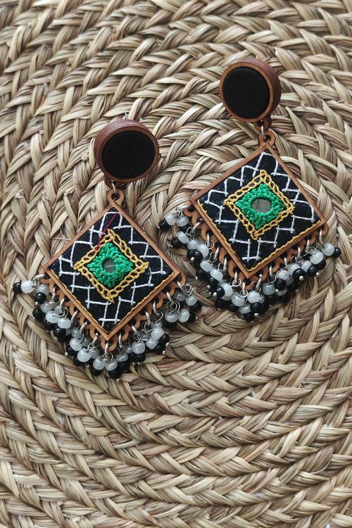 WHE Hand Embroidered Fluorescent Green Diamond Stud Earrings