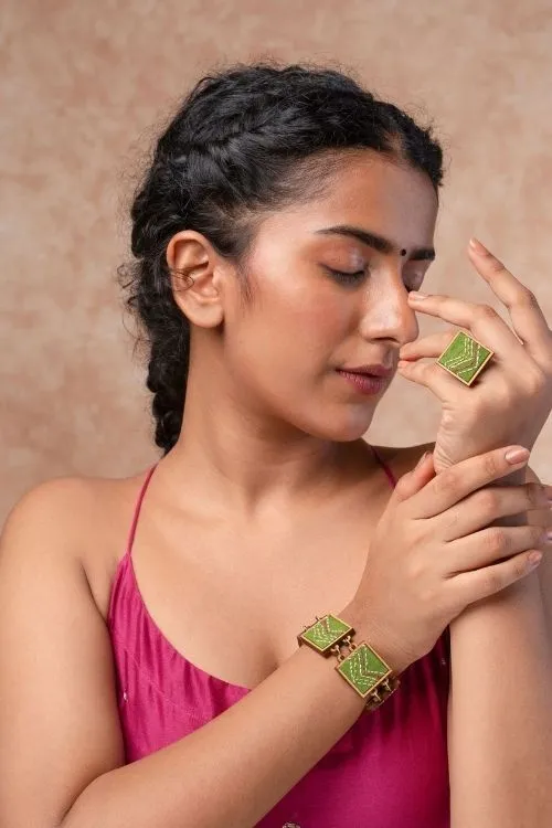 WHE Hand Embroidered Green Repurposed Silk Fabric And Wood Bracelet - Image 2