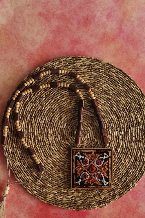 WHE Hand Embroidered Maroon And Mustard Pendant Necklace With Wooden Beaded String