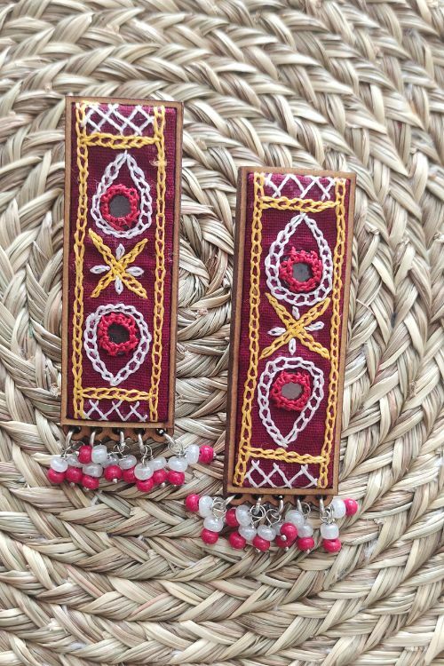 WHE Hand Embroidered Red Rectangle Earrings