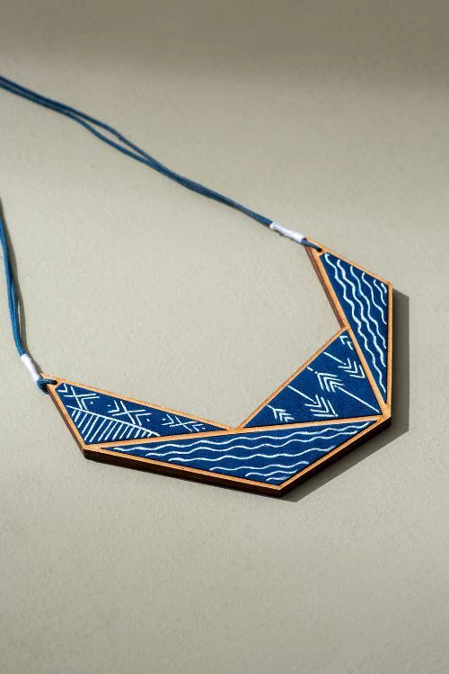 Whe Hand Painted Blue Connecting Triangle Upcycled Fabric And Repurposed Wood Necklace - Image 2