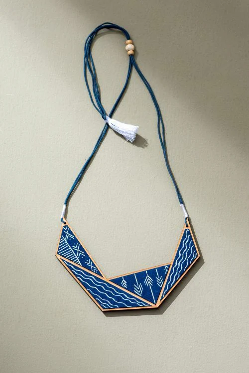 Whe Hand Painted Blue Connecting Triangle Upcycled Fabric And Repurposed Wood Necklace - Image 3