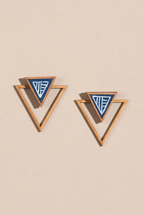 Whe Hand Painted Blue Two Look In One Upcycled Fabric And Repurposed Wood Triangle Earring