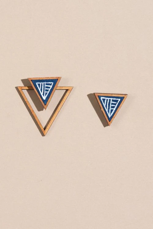 Whe Hand Painted Blue Two Look In One Upcycled Fabric And Repurposed Wood Triangle Earring - Image 3