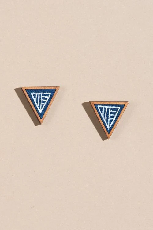 Whe Hand Painted Blue Two Look In One Upcycled Fabric And Repurposed Wood Triangle Earring - Image 4