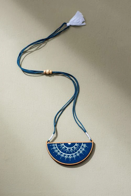 Whe Hand Painted Blue Upcycled Fabric And Repurposed Wood Semi Circle Necklace - Image 2