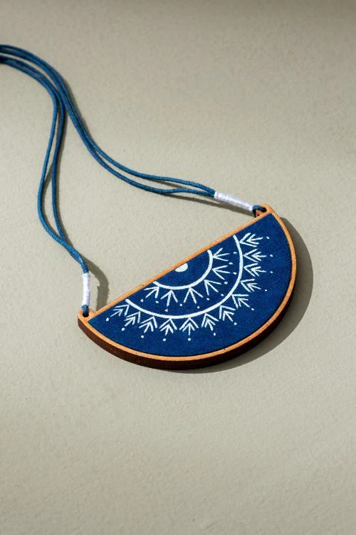 Whe Hand Painted Blue Upcycled Fabric And Repurposed Wood Semi Circle Necklace - Image 3
