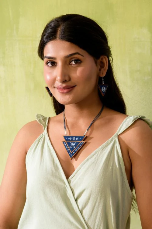 Whe Hand Painted Blue Upcycled Fabric And Repurposed Wood Triangular Earrings - Image 3