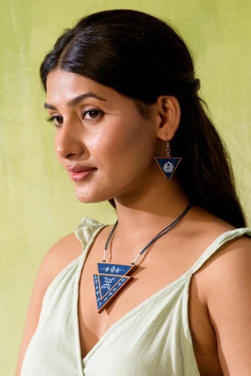 Whe Hand Painted Blue Upcycled Fabric And Repurposed Wood Triangular Necklace - Image 2
