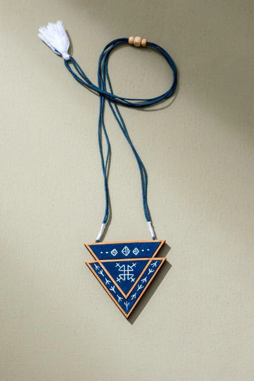 Whe Hand Painted Blue Upcycled Fabric And Repurposed Wood Triangular Necklace - Image 3