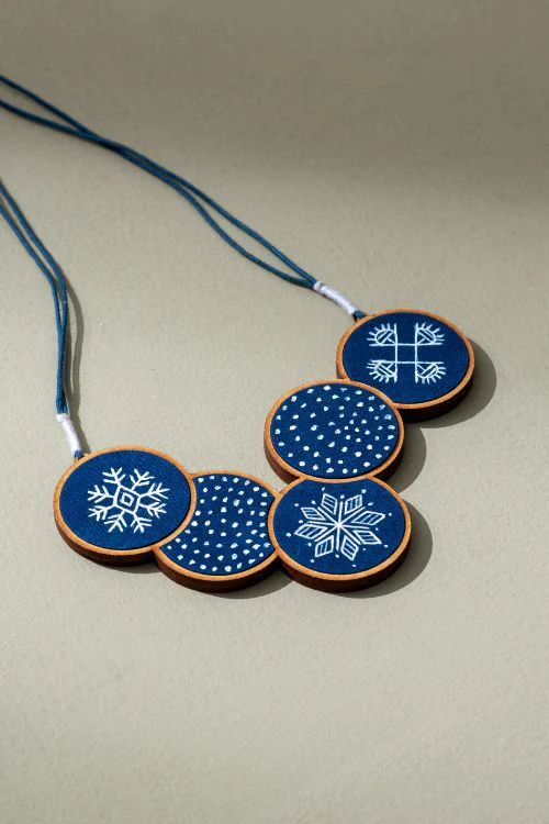 Whe Hand Painted Connected Circle Upcycled Fabric And Repurposed Wood Necklace - Image 4