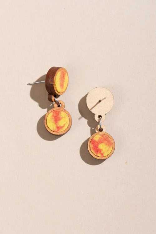 Whe Handcrafted Yellow Orange Tie And Dye Repurposed Wood And Fabric Earrings - Image 4