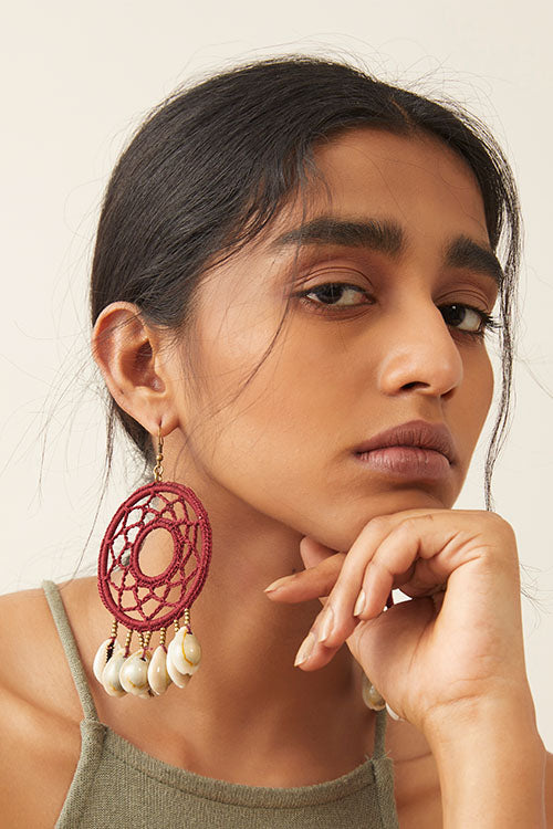 Whe Handcrotcheted Round Maroon Shell Earring - Image 2