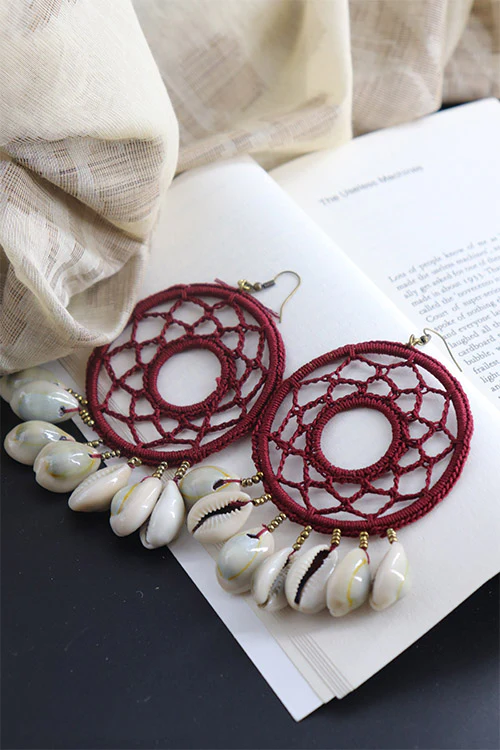 Whe Handcrotcheted Round Maroon Shell Earring - Image 3
